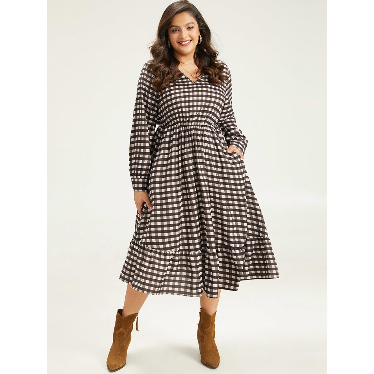 Plus Size Gingham Pocket Elastic Waist Ruffle Hem Dress DarkBrown Women Casual Printed V-neck Long Sleeve Curvy Midi Dress BloomChic 18-20/2X Product Image