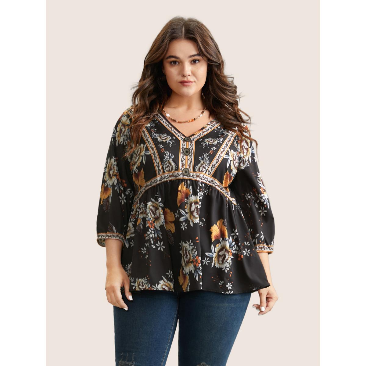 Plus Size Black Boho Print V Neck Button Detail Gathered Blouse Women Vacation Elbow-length sleeve V-neck Vacation Blouses BloomChic 30/6X Product Image