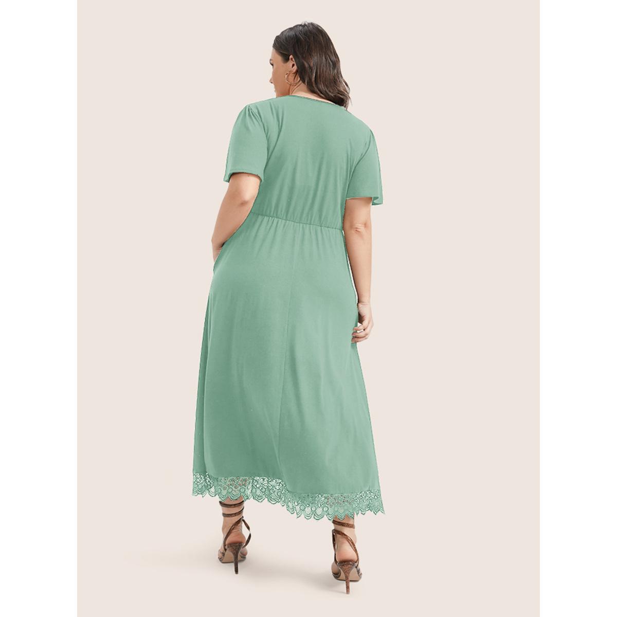 Plus Size Solid Pocket Contrast Lace Split Maxi Dress Sage Women Elegant Patchwork V-neck Short sleeve Curvy Long Dress BloomChic 10/M Product Image