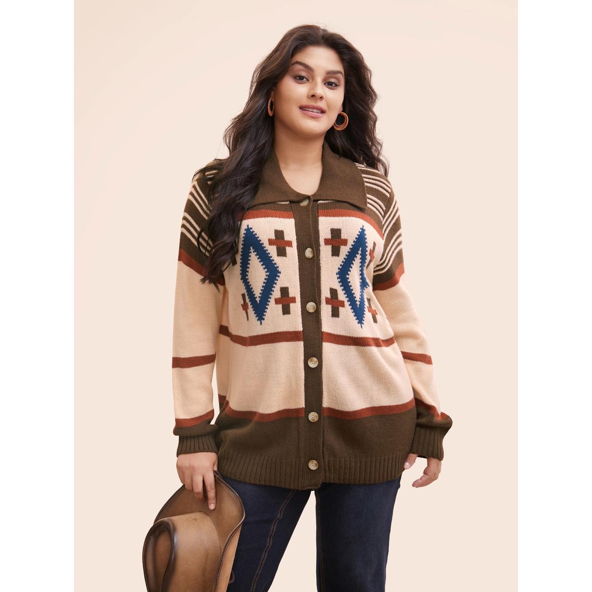 Plus Size Geometric Pattern Collared Front Button Cardigan Multicolor Women Casual Loose Long Sleeve Everyday Cardigans BloomChic 18-20/2X Product Image