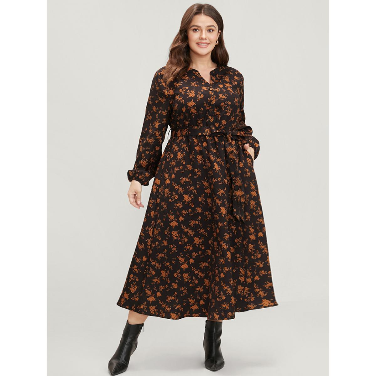 Plus Size Ditsy Floral Pocket Belted Lantern Sleeve Midi Dress Black Women Elegant Button V-neck Long Sleeve Curvy Midi Dress BloomChic 10/M Product Image
