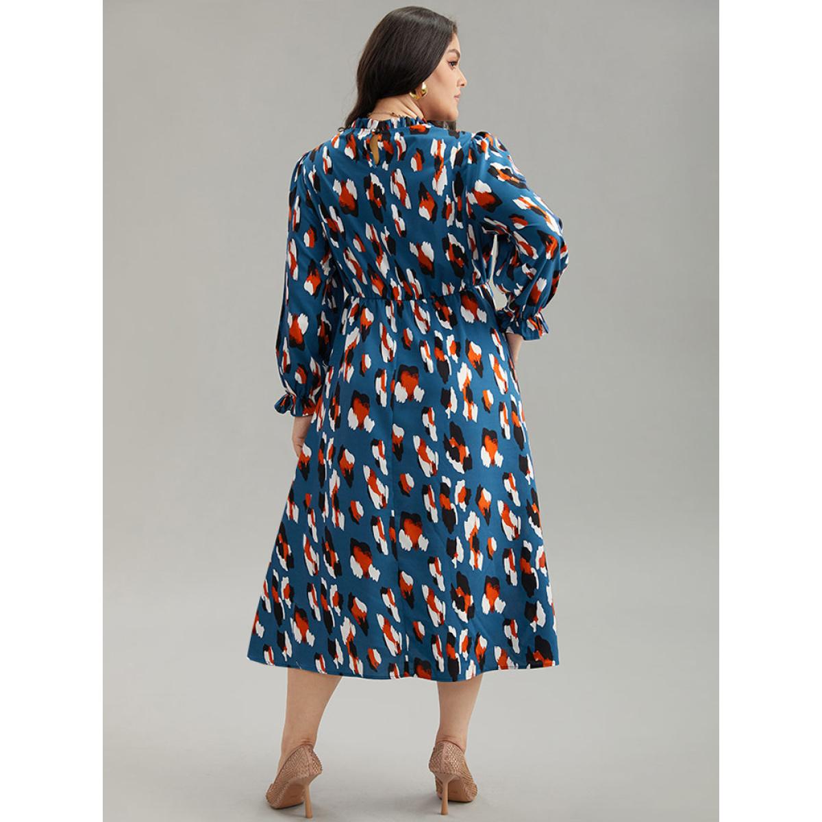 Plus Size Allover Print Stand Collar Pocket Ruffles Dress Aegean Women Office Printed Stand-up collar Long Sleeve Curvy Midi Dress BloomChic 18-20/2X Product Image