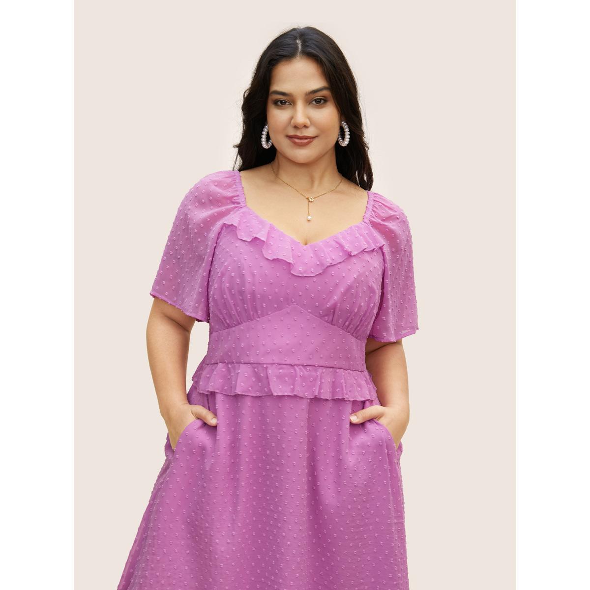 Plus Size Textured Ruffles Shirred Raglan Sleeve Dress RedViolet Women Elegant Texture Heart neckline Half Sleeve Curvy BloomChic 26/4X Product Image