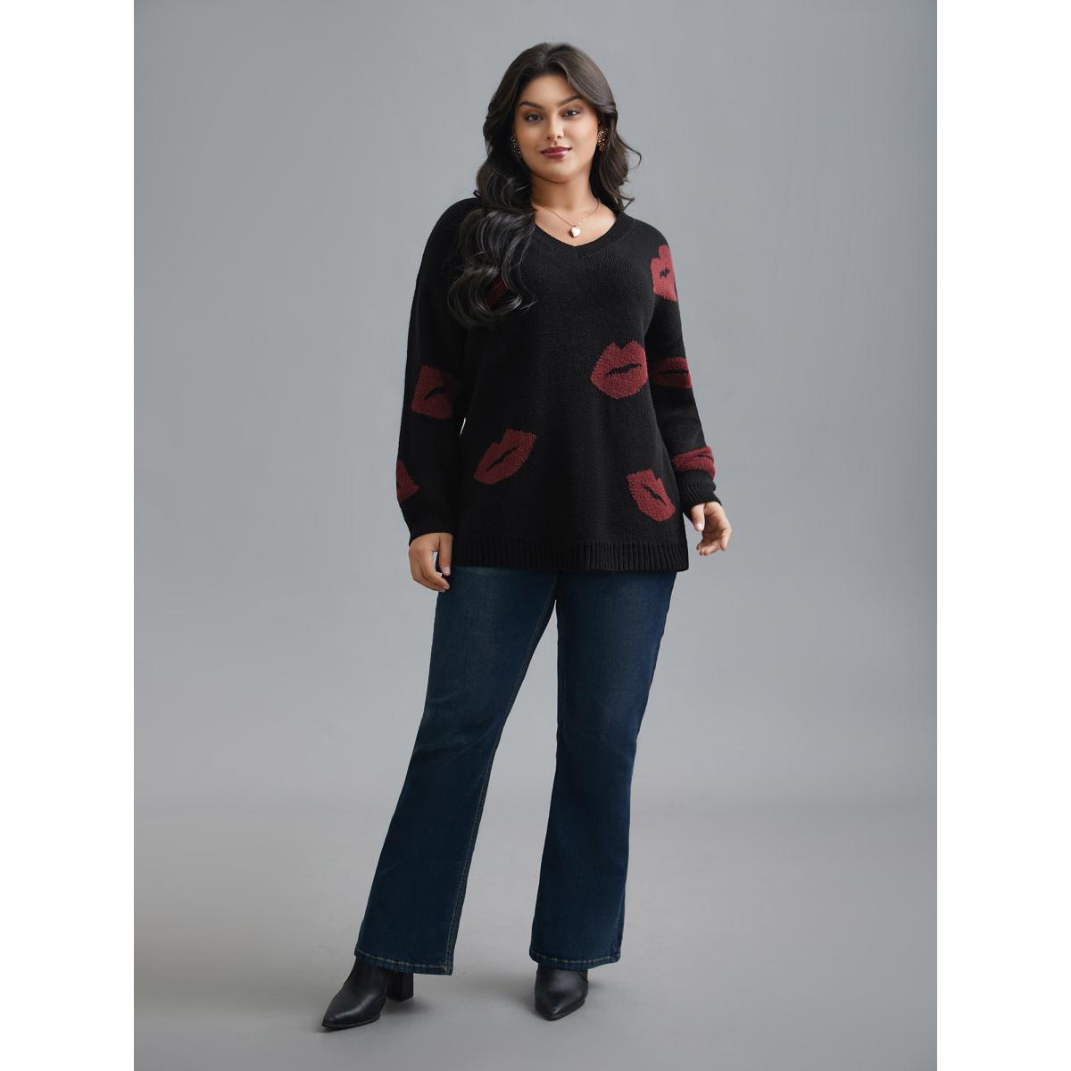 Plus Size Lip Print Contrast Knit Pullover Black Women Casual Loose Long Sleeve V-neck Everyday Pullovers BloomChic 14-16/1X Product Image