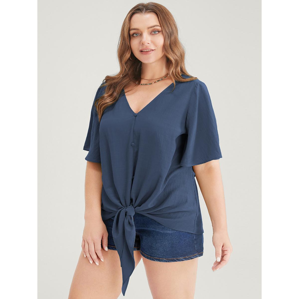 Plus Size Indigo Plain Ruffle Sleeve Knot Front Button Detail Blouse Women Casual Short sleeve V-neck Dailywear Blouses BloomChic 12/L Product Image