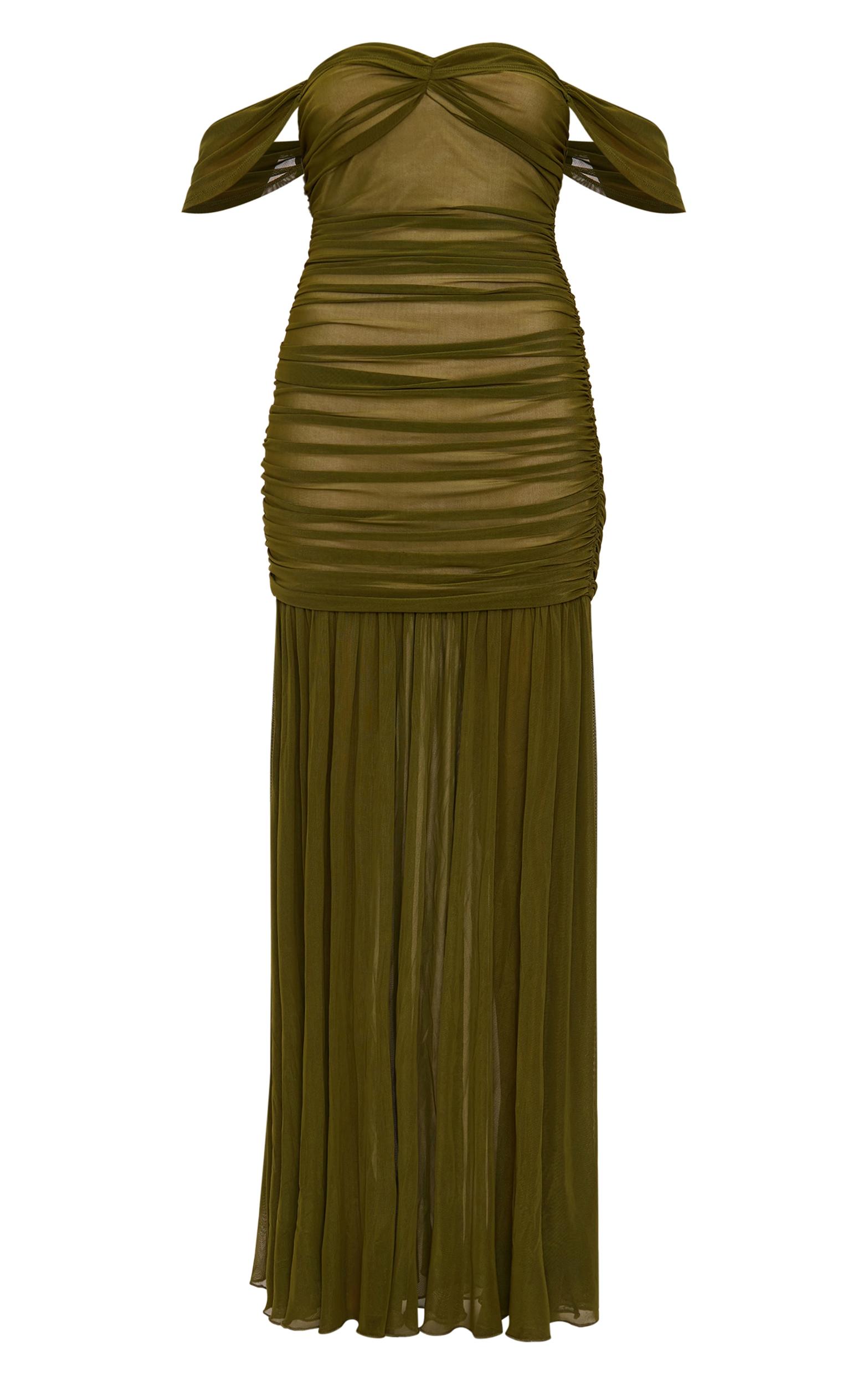 Olive Mesh Bardot Ruched Detail Maxi Dress Product Image