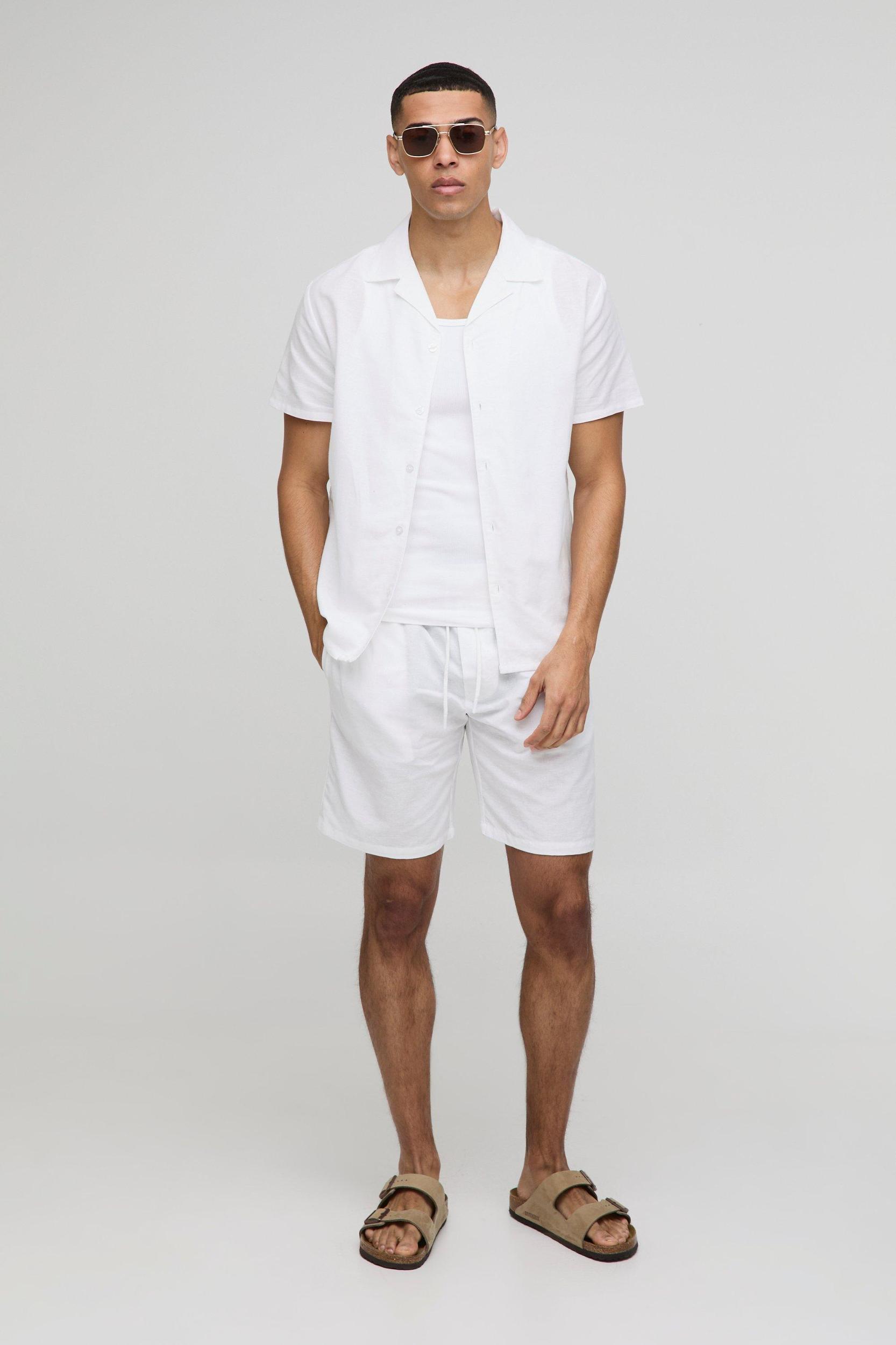 Regular Revere Linen Blend Shirt & Short Set | boohooMAN USA Product Image