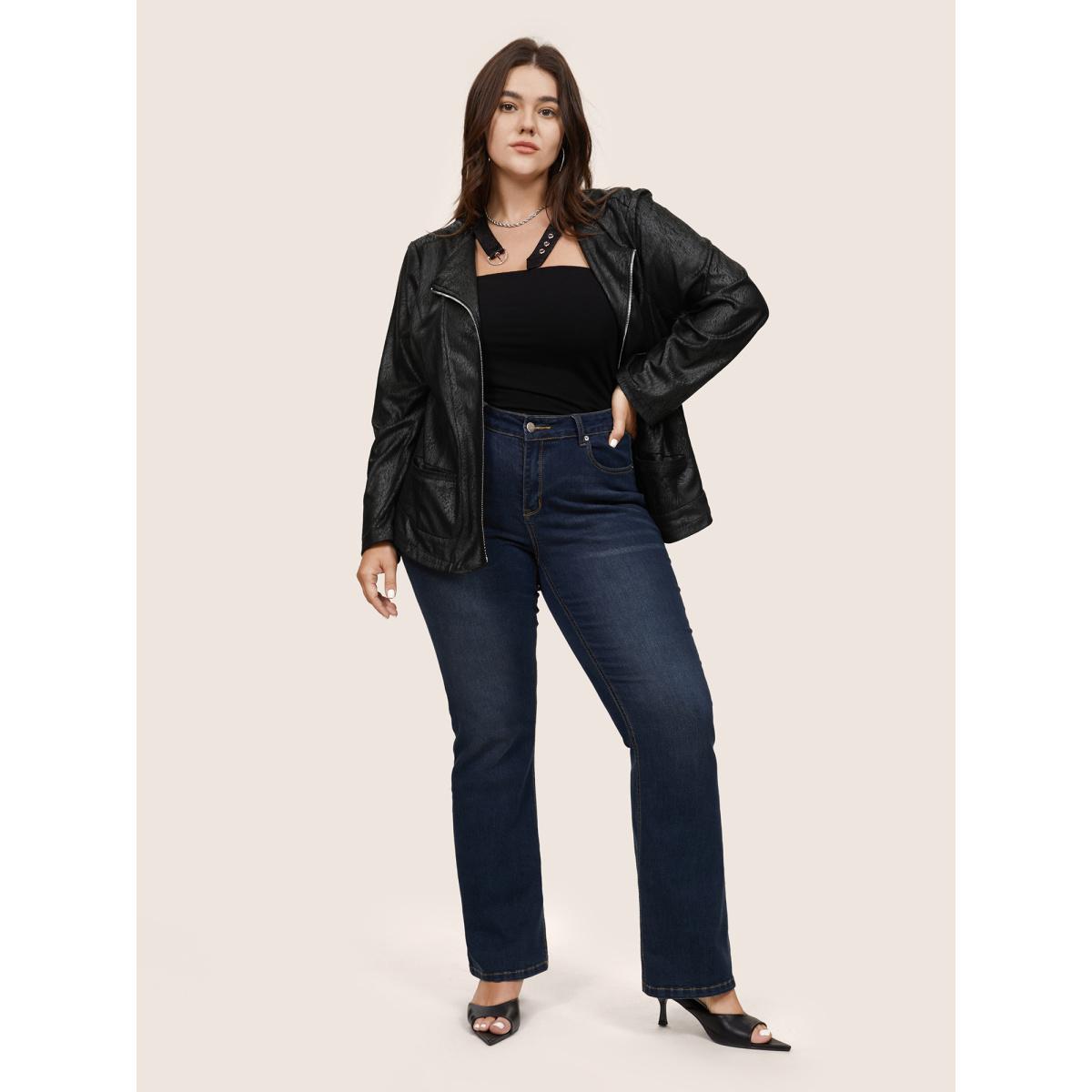 Plus Size PU Leather Print Faux Suede Buckle Detail Jacket Women Black Texture Pocket Everyday Jackets BloomChic 18-20/2X Product Image