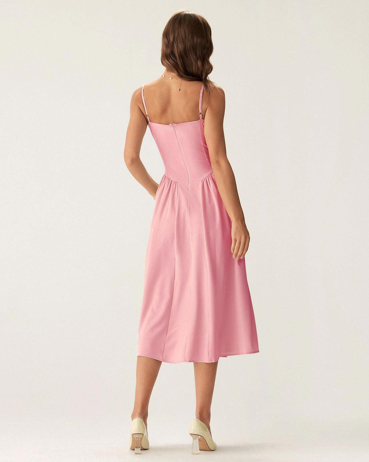 Pink Square Neck Pocket Slip Midi Dress Product Image