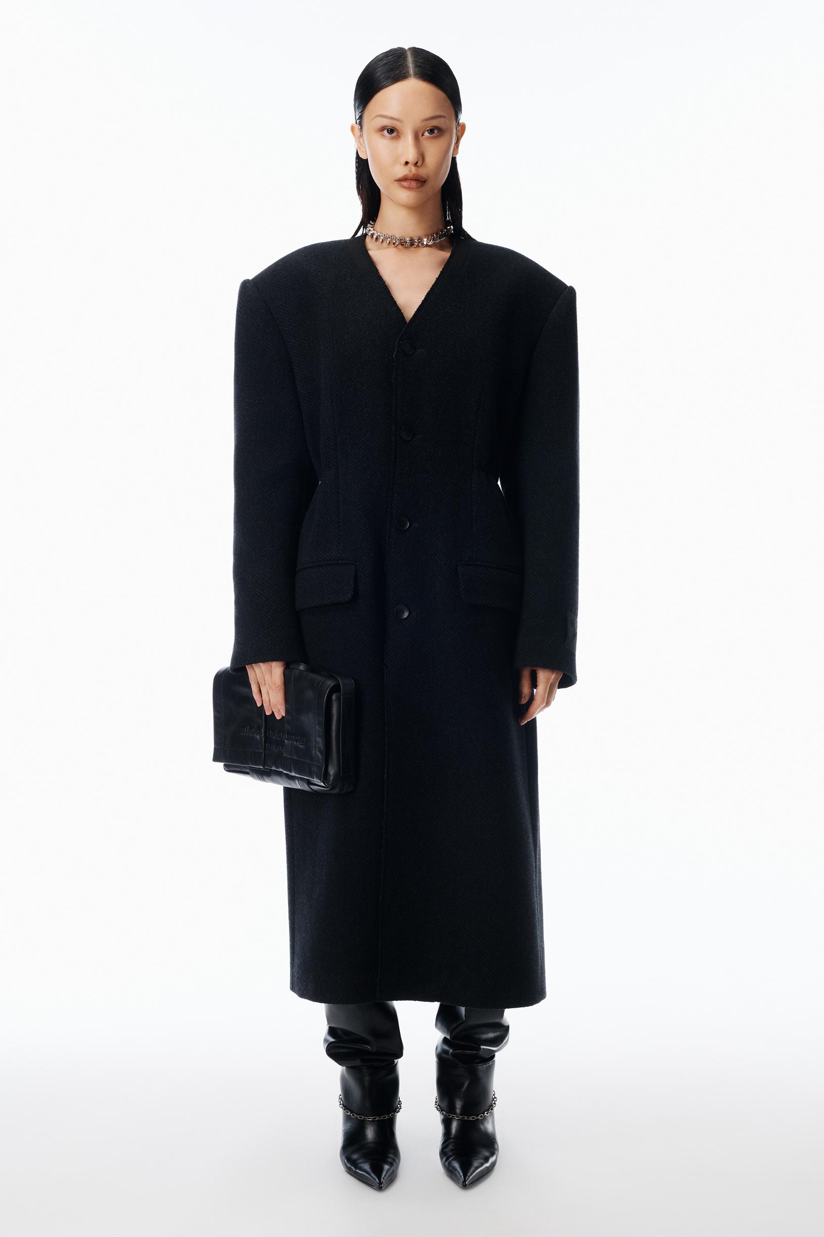 Collarless Coat In Double Tweed Wool Product Image