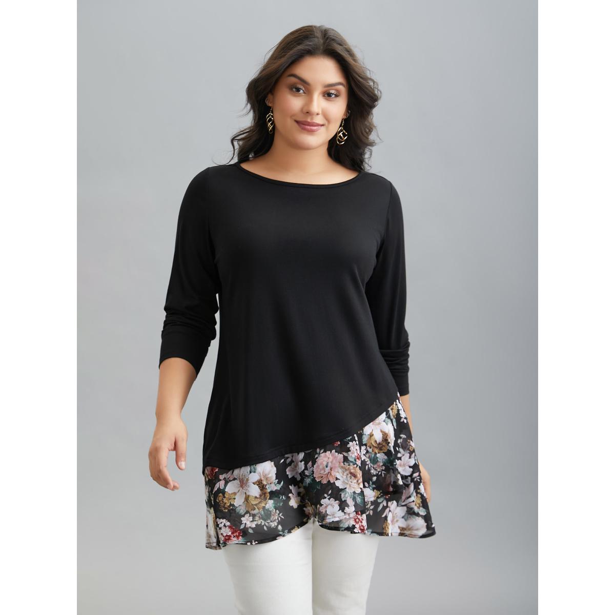 Plus Size Floral Print Contrast Round Neck T-Shirt Black Women Elegant Overlapping Natural Flowers Boat Neck Loose Everyday T-shirts BloomChic 18-20/2X Product Image