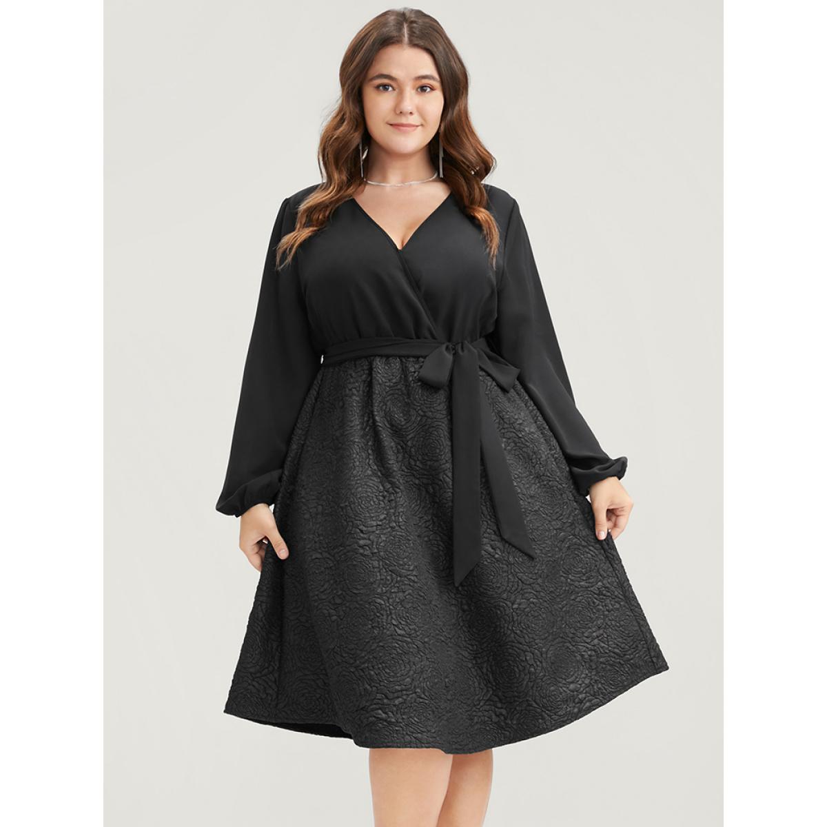 Plus Size Solid Patchwork Wrap Pocket Belted Rose Textured Dress Black Women Office Patchwork V-neck Long Sleeve Curvy Knee Dress BloomChic 30/6X Product Image