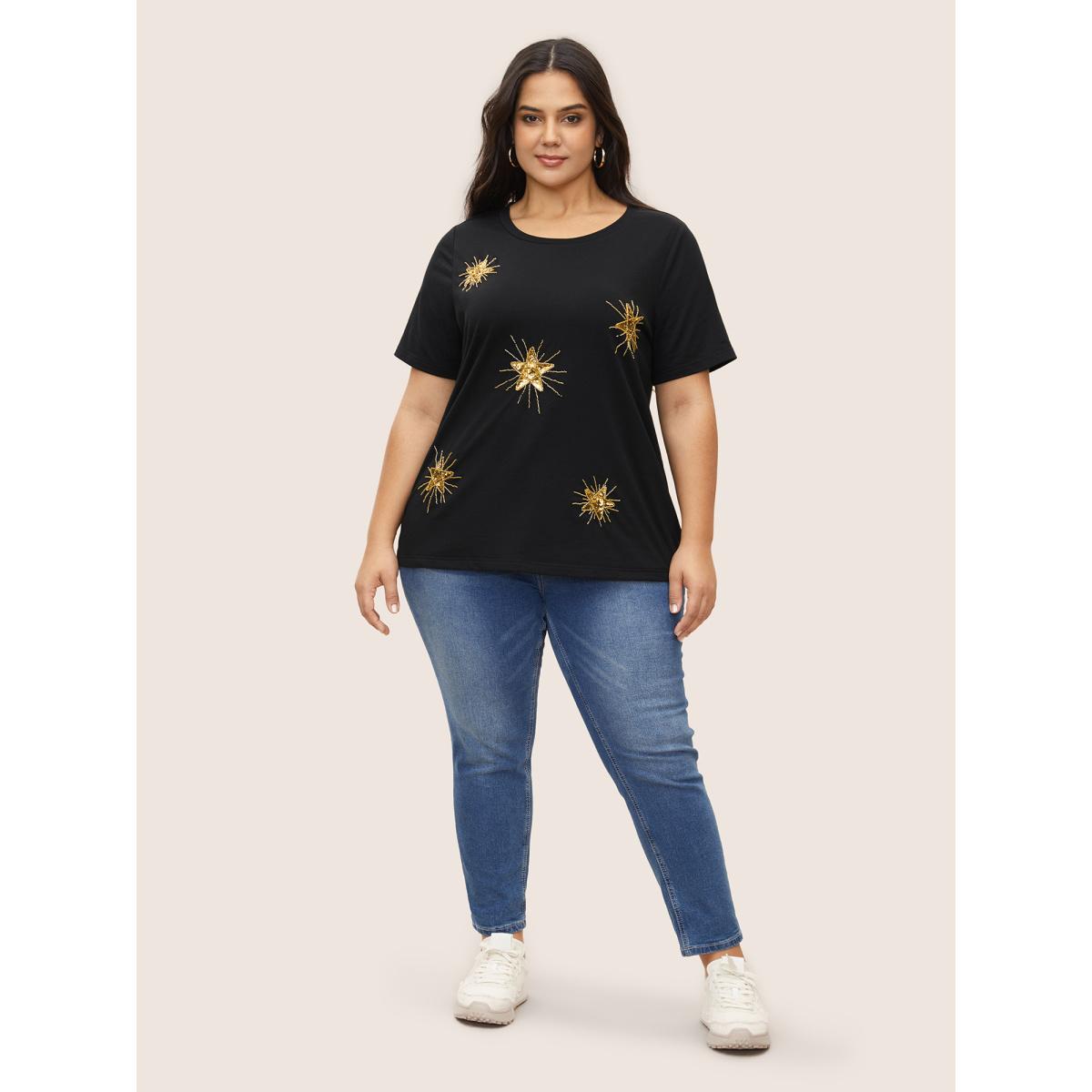 Plus Size Contrast Star Sequin Round Neck T-shirt Black Women Casual Contrast Star and moon Round Neck Everyday T-shirts BloomChic 18-20/2X Product Image