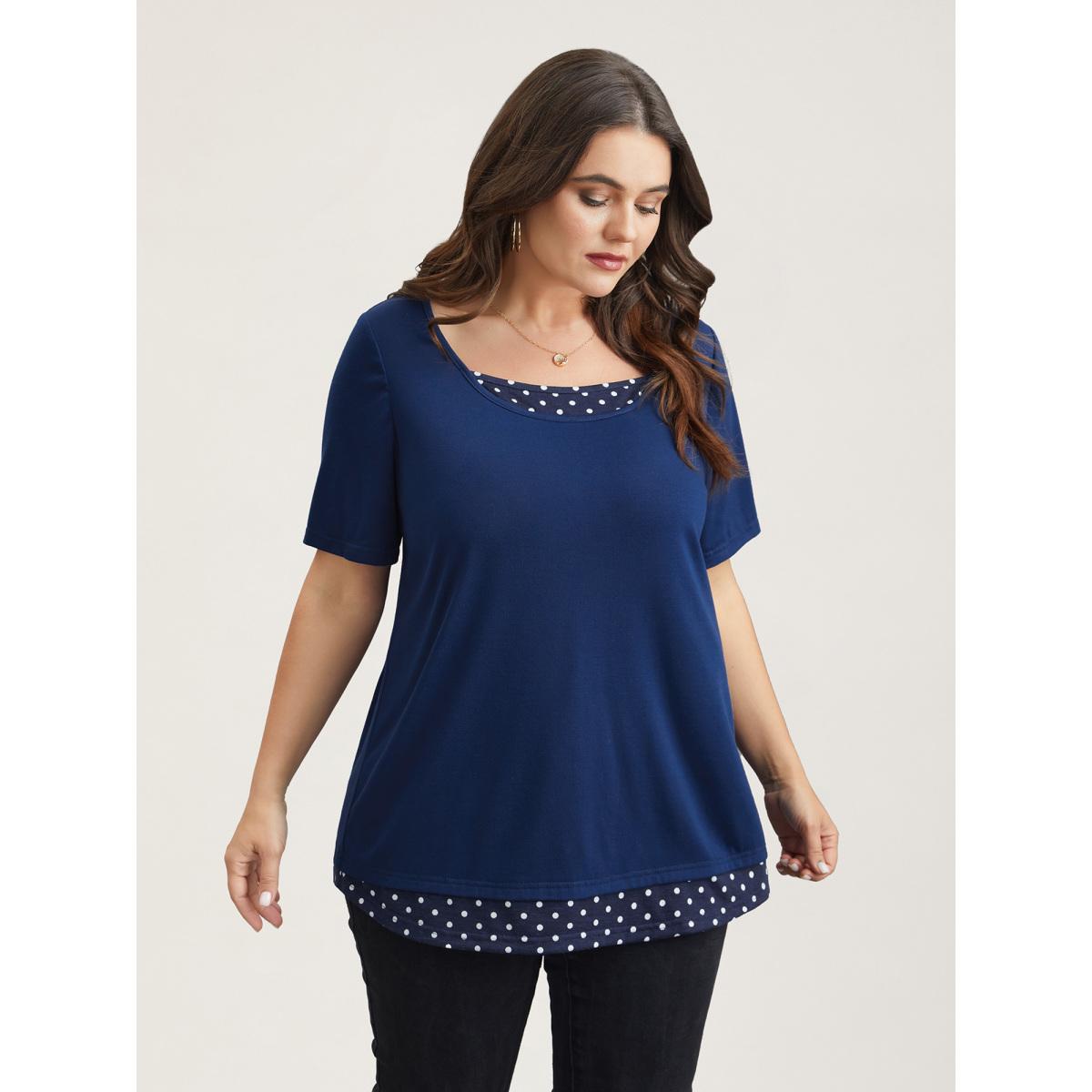 Plus Size Mixed Fabric Polka Dots Patchwork T-Shirt Indigo Women Casual Contrast Round Neck Everyday T-shirts BloomChic 30/6X Product Image