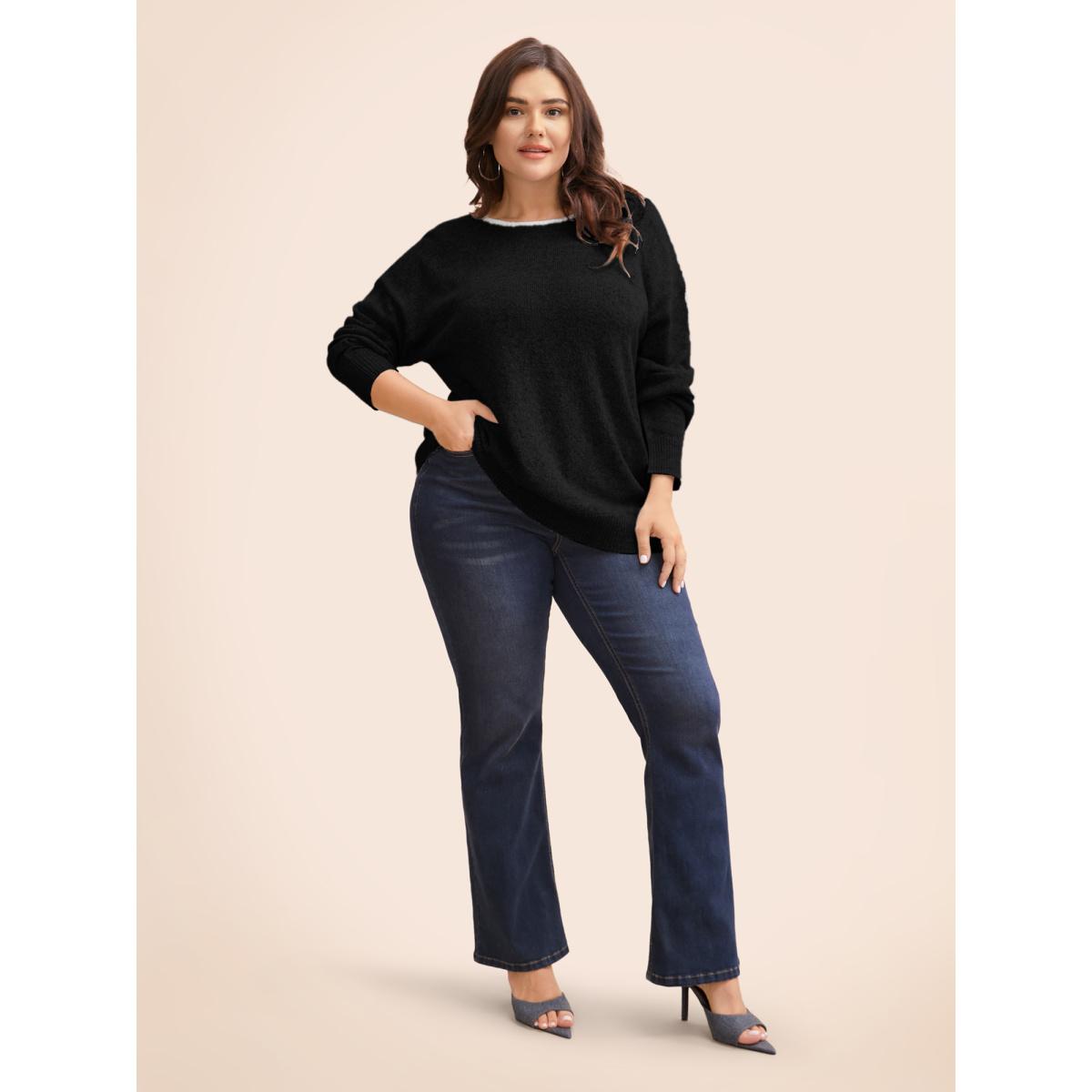 Plus Size Round Neck Bowknot Cut Out Pullover Black Women Casual Long Sleeve Round Neck Everyday Pullovers BloomChic 14-16/1X Product Image