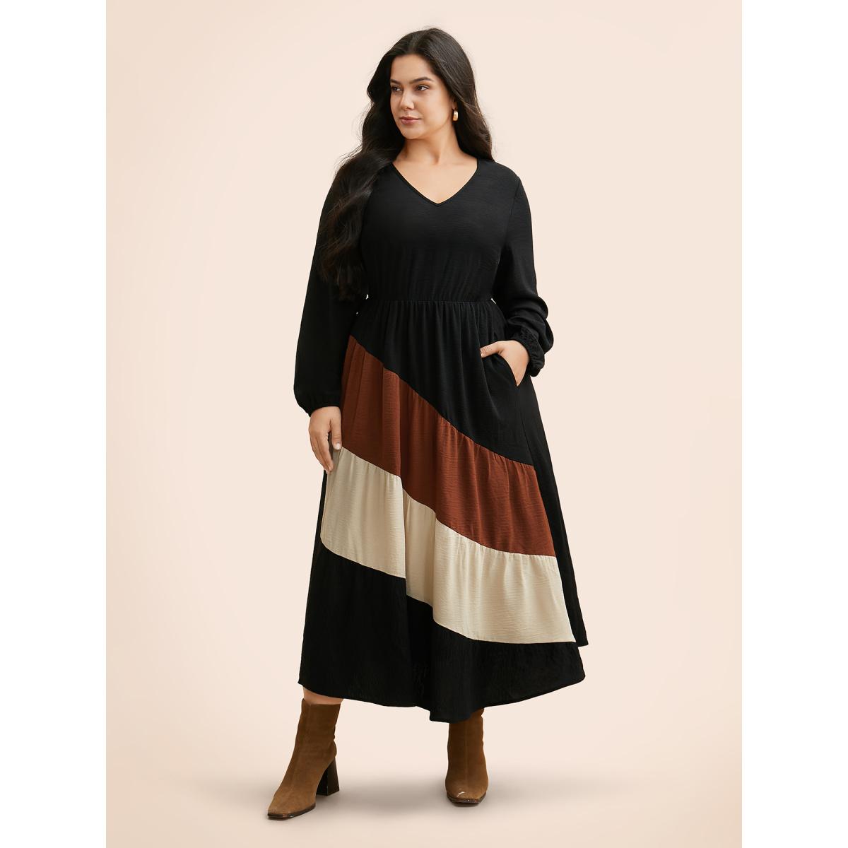 Plus Size Colorblock Contrast Gathered Lantern Sleeve Dress Black Women Elegant Contrast V-neck Long Sleeve Curvy BloomChic 18-20/2X Product Image