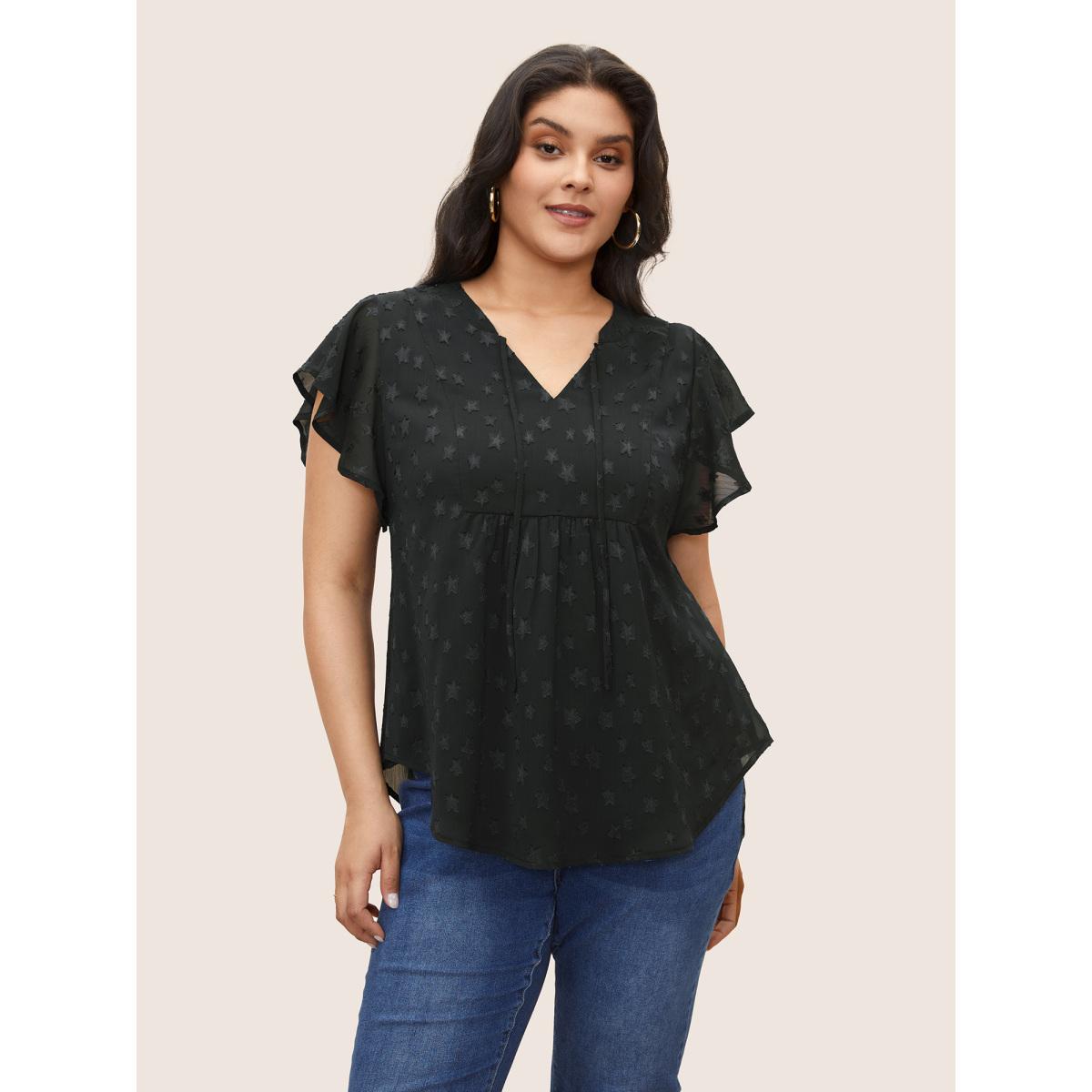 Plus Size Burgundy Star Mesh Gathered Ruffle Sleeve Blouse Women Timeless Cap Sleeve V-neck Elegant Blouses BloomChic 22-24/3X Product Image