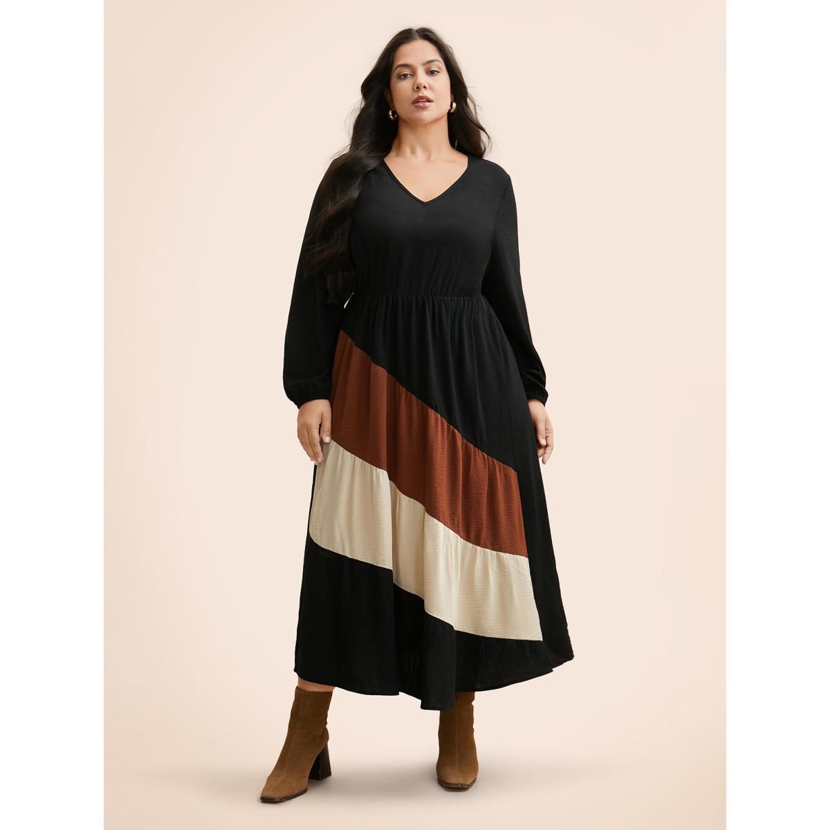 Plus Size Colorblock Contrast Gathered Lantern Sleeve Dress Black Women Elegant Contrast V-neck Long Sleeve Curvy BloomChic 18-20/2X Product Image