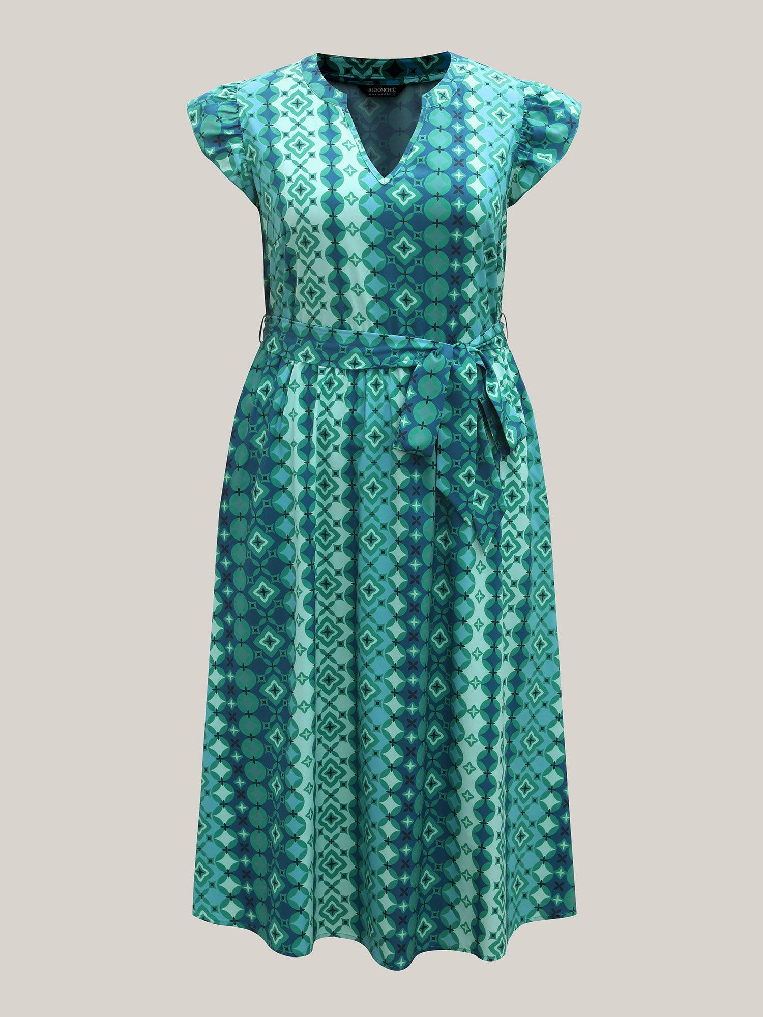 Boho Vacation Print Belted Notched Midi Dress Female Product Image