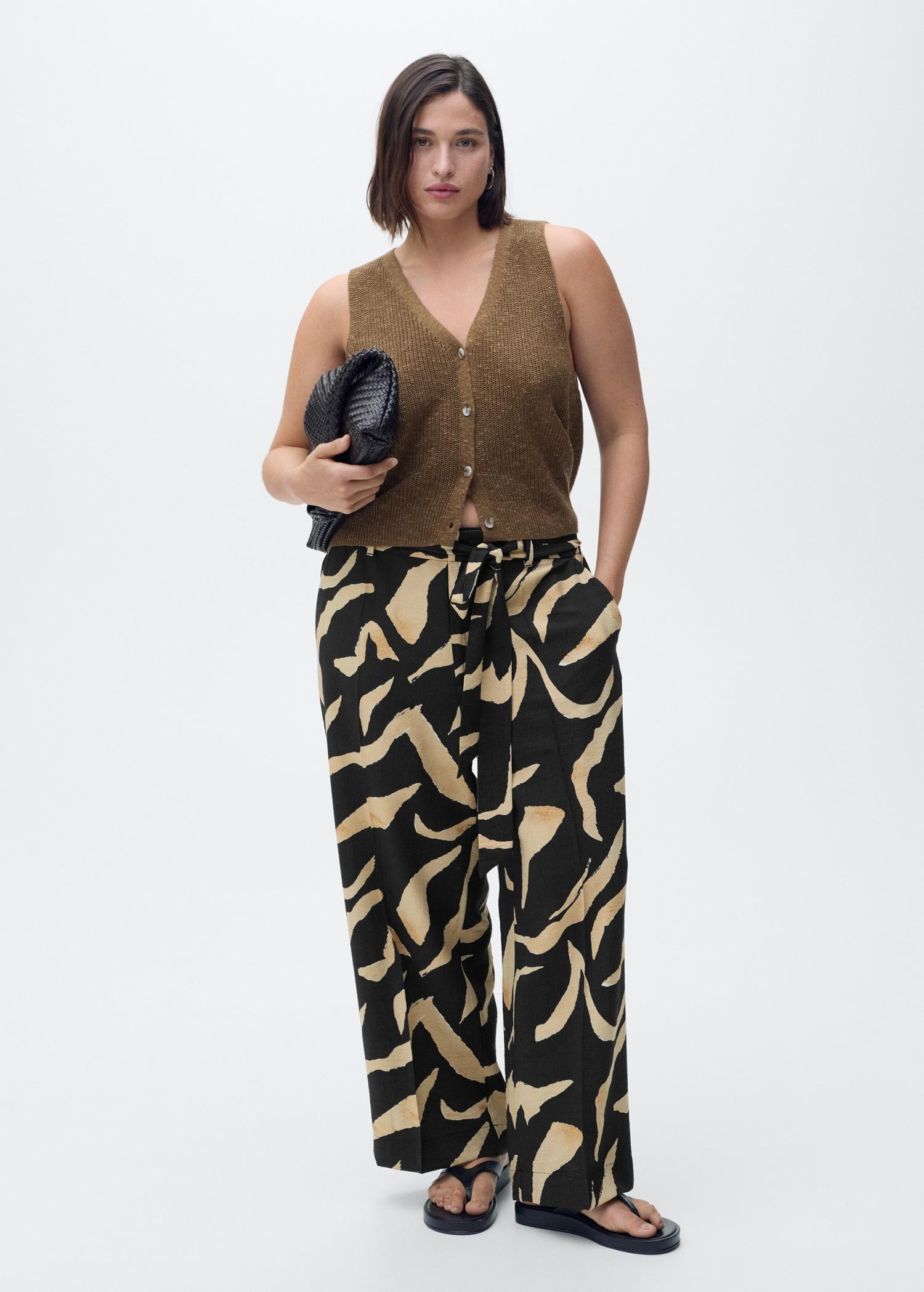 Printed straight-fit pants with belt - Women | MANGO USA Product Image