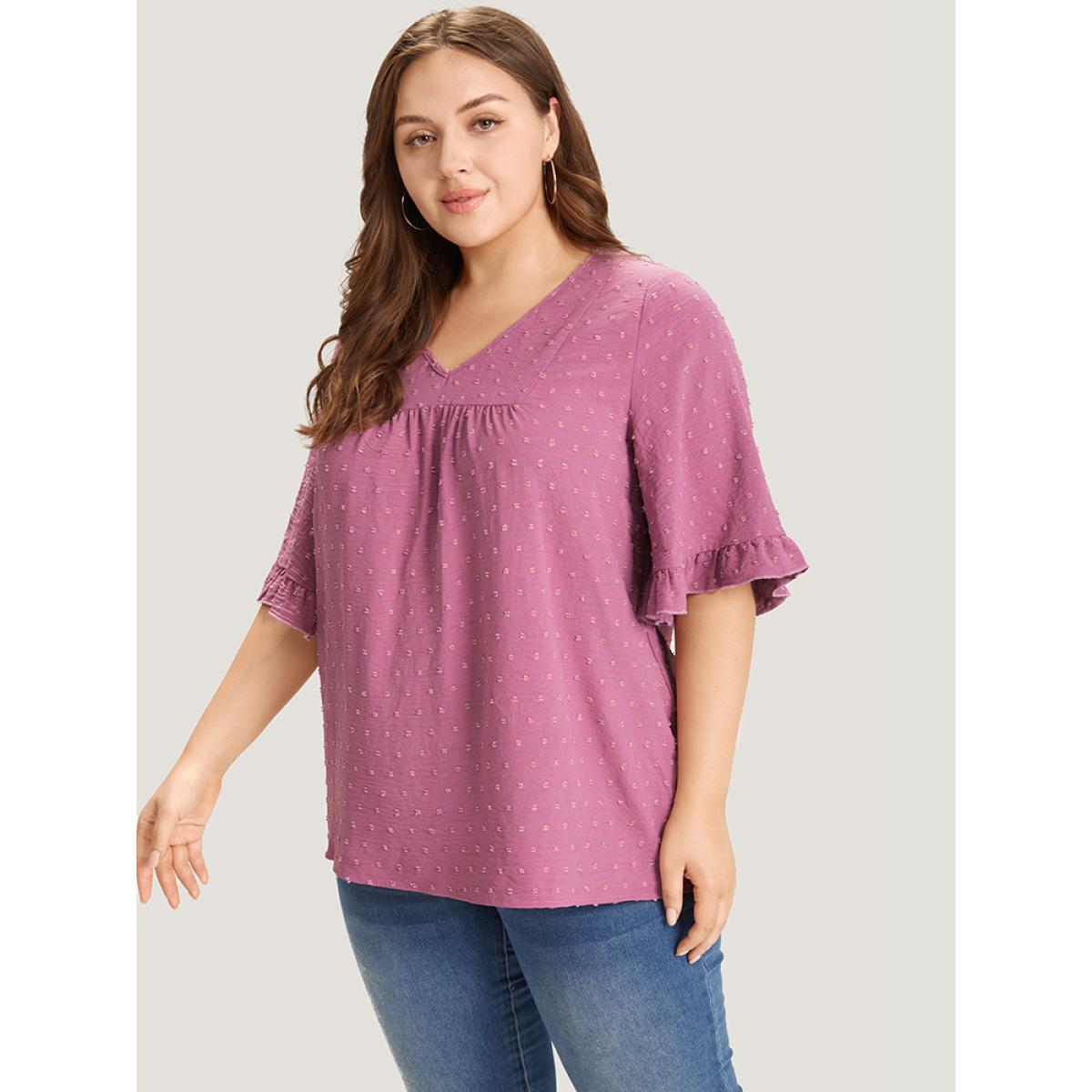 Plus Size Purple Polka Dot Flutter Trim Gathered Blouse Women Elegant Short sleeve V-neck Dailywear Blouses BloomChic 28/5X Product Image