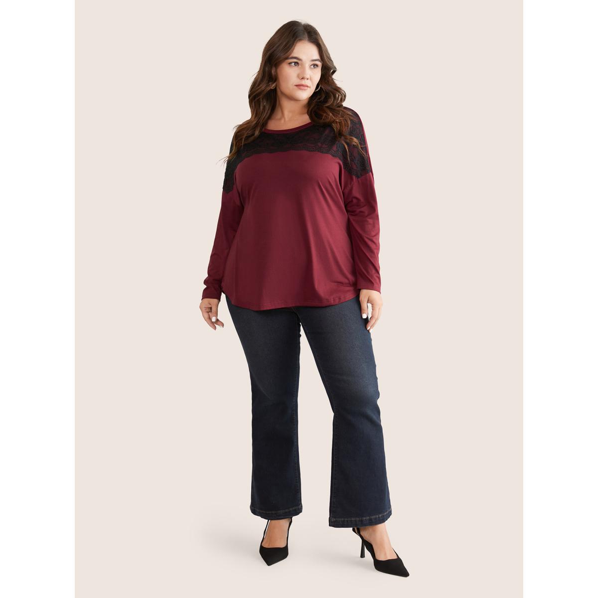 Plus Size Contrast Lace Panel Drop Shoulder T-shirt Burgundy Women Elegant Contrast Plain Round Neck Dailywear T-shirts BloomChic 28/5X Product Image