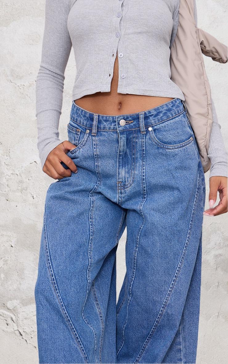 Mid Blue Wash Seam Detail Wide Leg Denim Jeans Product Image
