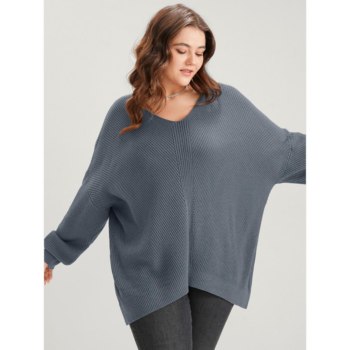 Plus Size Solid Pointelle Knit Asymmetrical Hem Eyelet Knit Top Silver Women Casual Loose Long Sleeve V-neck Dailywear Pullovers BloomChic 28/5X Product Image