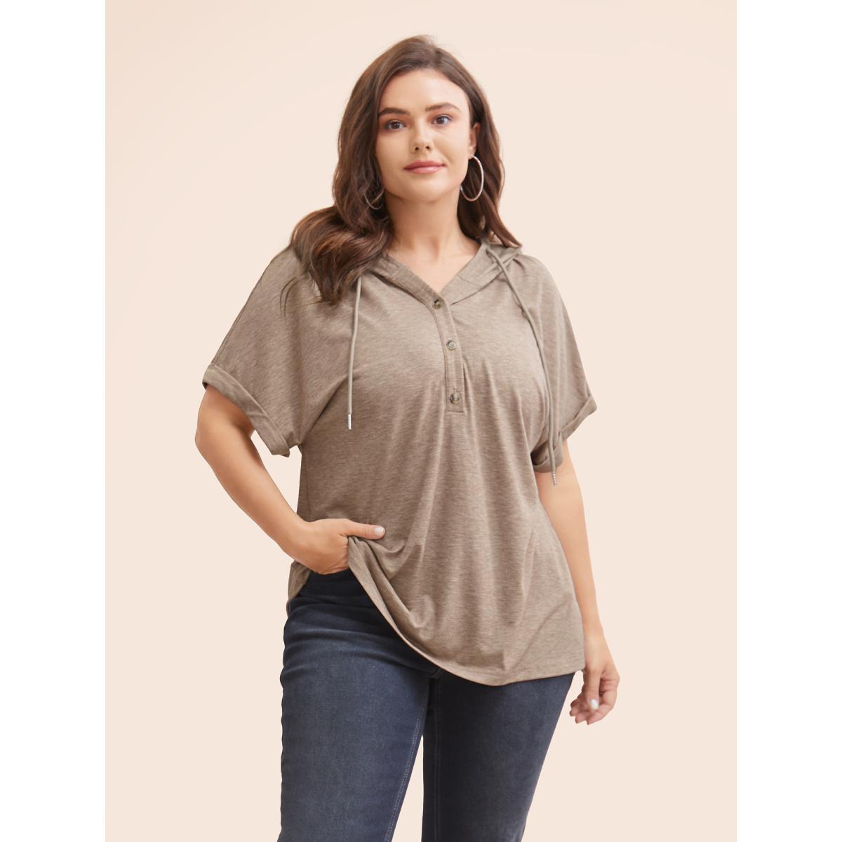 Plus Size Plain Drawstring Roll Sleeve Button Up Hooded T-shirt DarkBrown Women Casual Drawstring Plain Hooded Everyday T-shirts BloomChic 12/L Product Image