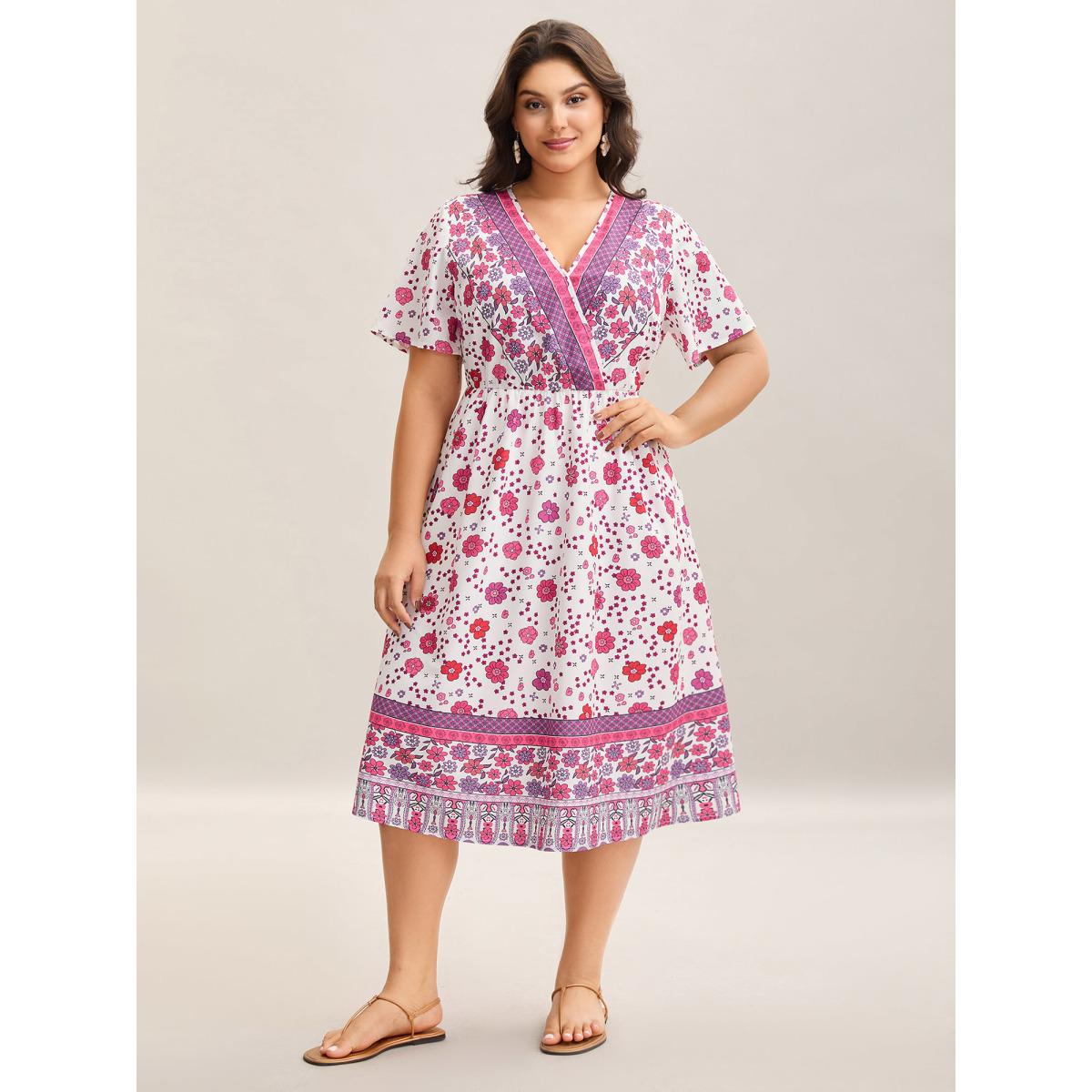 Plus Size Spring Floral Printed Surplice Neck Midi Dress Lilac Women Overlap Collar Short sleeve Curvy BloomChic 28/5X Product Image