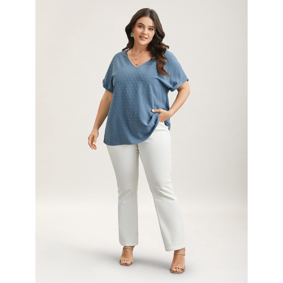 Plus Size Stone Back-Button Textured V-Neck Shirt Women Timeless Short sleeve V-neck Elegant Blouses BloomChic 12/L Product Image