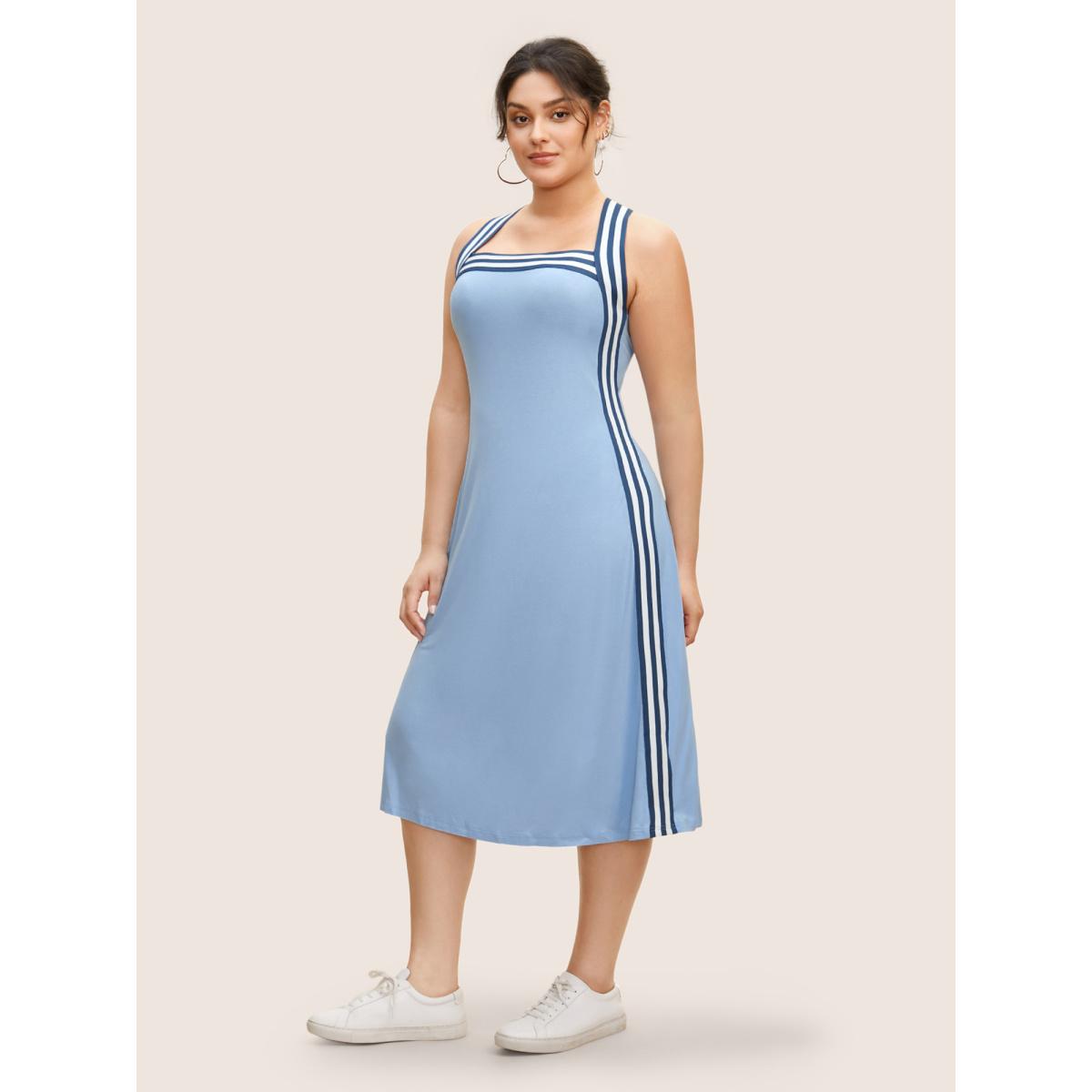 Plus Size Square Neck Striped Patchwork Midi Dress LightBlue Women Casual Woven ribbon&lace trim Square Neck Sleeveless Curvy BloomChic 28/5X Product Image