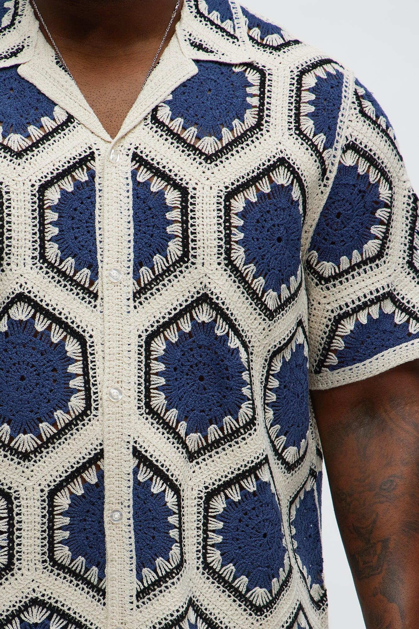 Vacay Vibes Crochet Button Up Shirt - Navy/combo Male Product Image