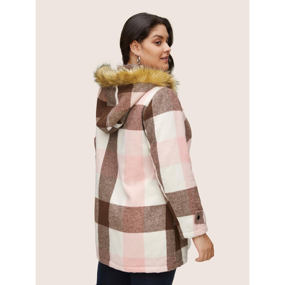 Plus Size Colorblock Contrast Fuzzy Trim Duffle Button Coat Women DustyPink Casual Lined Ladies Dailywear Winter Coats BloomChic 12/L Product Image