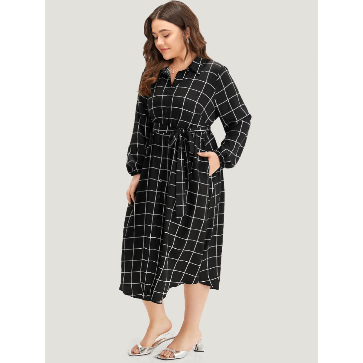 Plus Size Plaid Shirt Collar Belted Lantern Sleeve Dress Black Women At the Office Elastic cuffs Shirt collar Long Sleeve Curvy Midi Dress BloomChic 14-16/1X Product Image