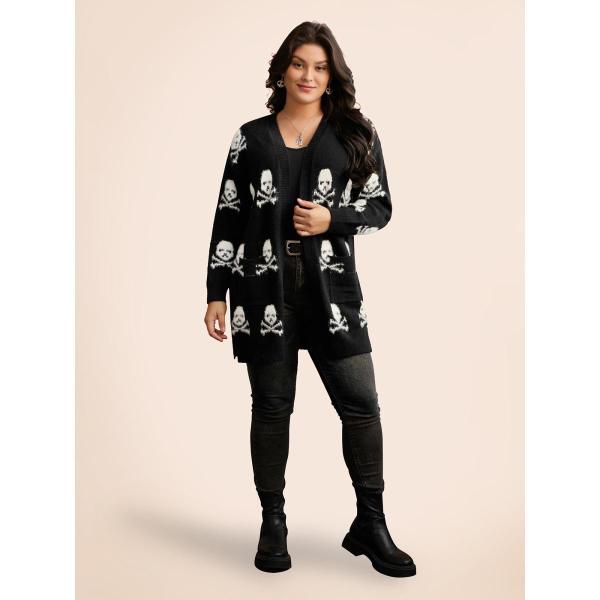 Plus Size Skull Pattern Plus Jacquard Open Cardigan Black Women Casual Loose Long Sleeve Everyday Cardigans BloomChic 18-20/2X Product Image