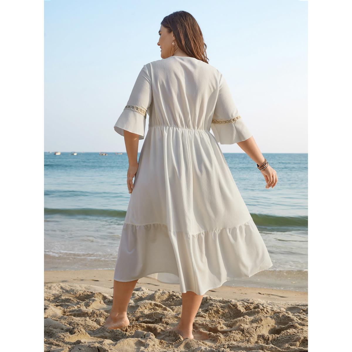Plus Size Tassel Textured Stretchy Waist Pockets Midi Dress Ivory Women Resort Woven ribbon&lace trim V-neck Half Sleeve Curvy BloomChic 18-20/2X Product Image