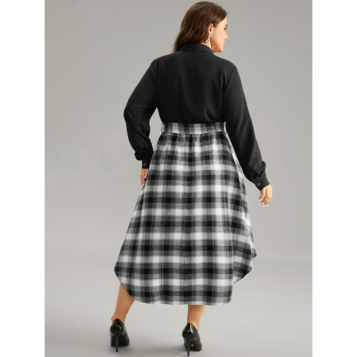 Plus Size Plaid Patchwork Button Through Belted Dress Black Women Office Belted Shirt collar Long Sleeve Curvy Midi Dress BloomChic 30/6X Product Image
