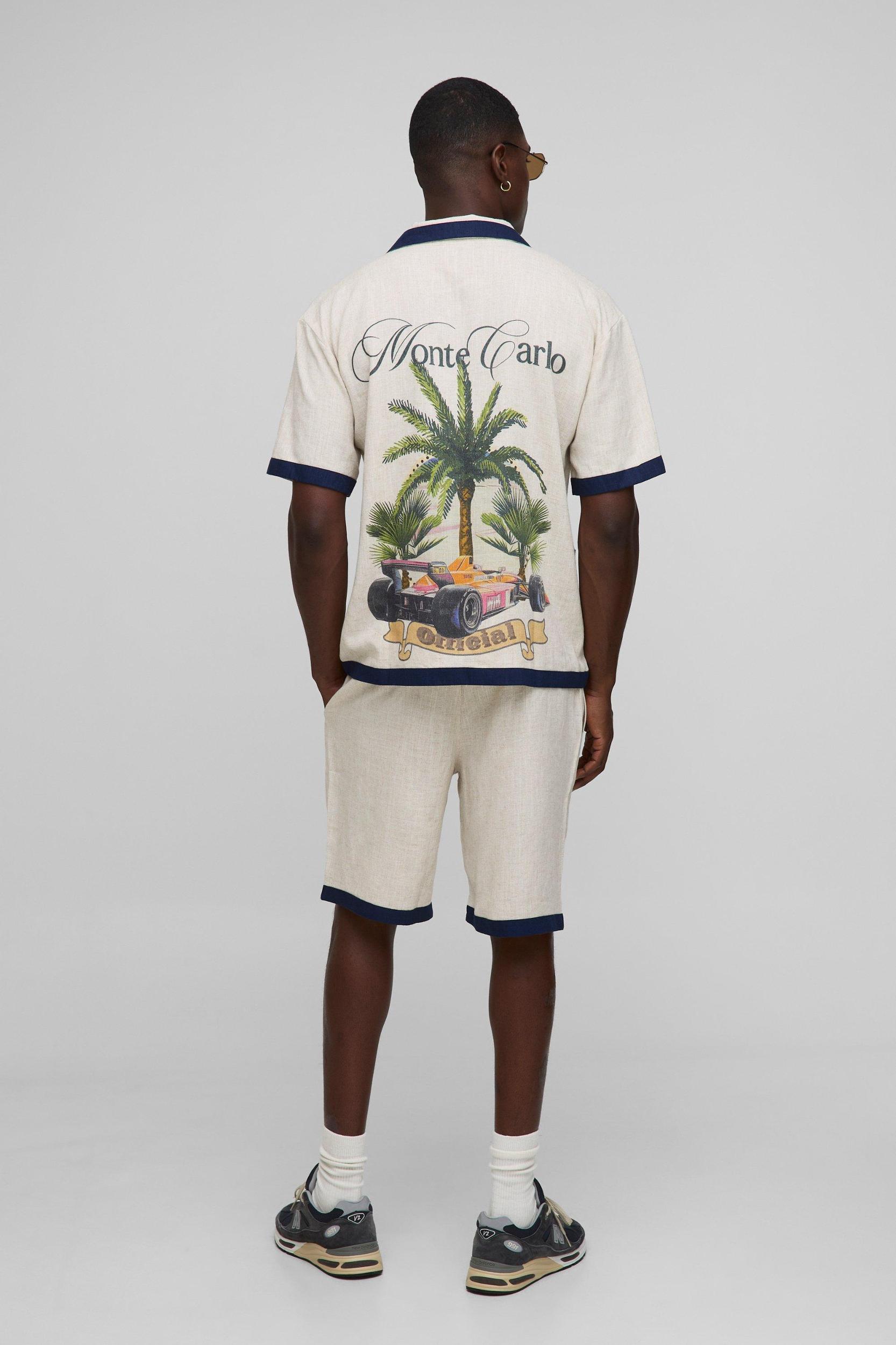 Oversized Heavyweight Linen Palm Print Shirt & Short Set | boohooMAN USA Product Image