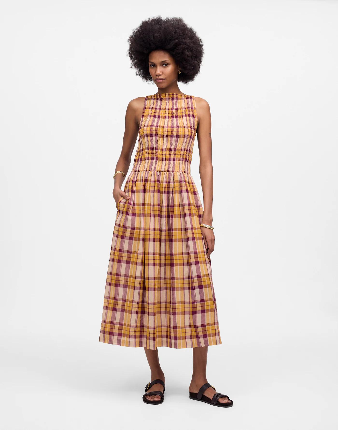 Smocked Boatneck Maxi Dress in Plaid Seersucker Product Image