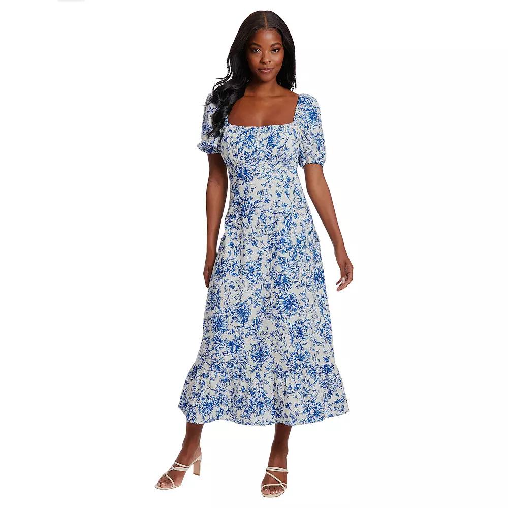 Women's London Times Puff Sleeve Empire Waist Midi Dress, Size: 12, Blue White Floral Product Image