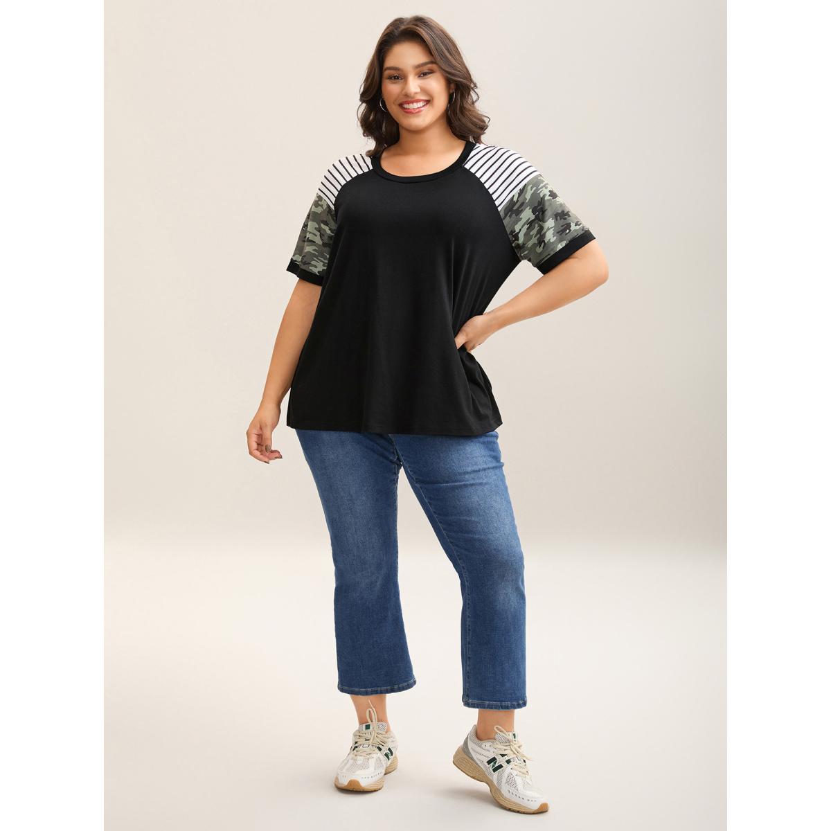 Plus Size Striped Camouflage Print Round Neck T-Shirt Black Women Contrast Round Neck Everyday-Casual T-shirts BloomChic 14-16/1X Product Image