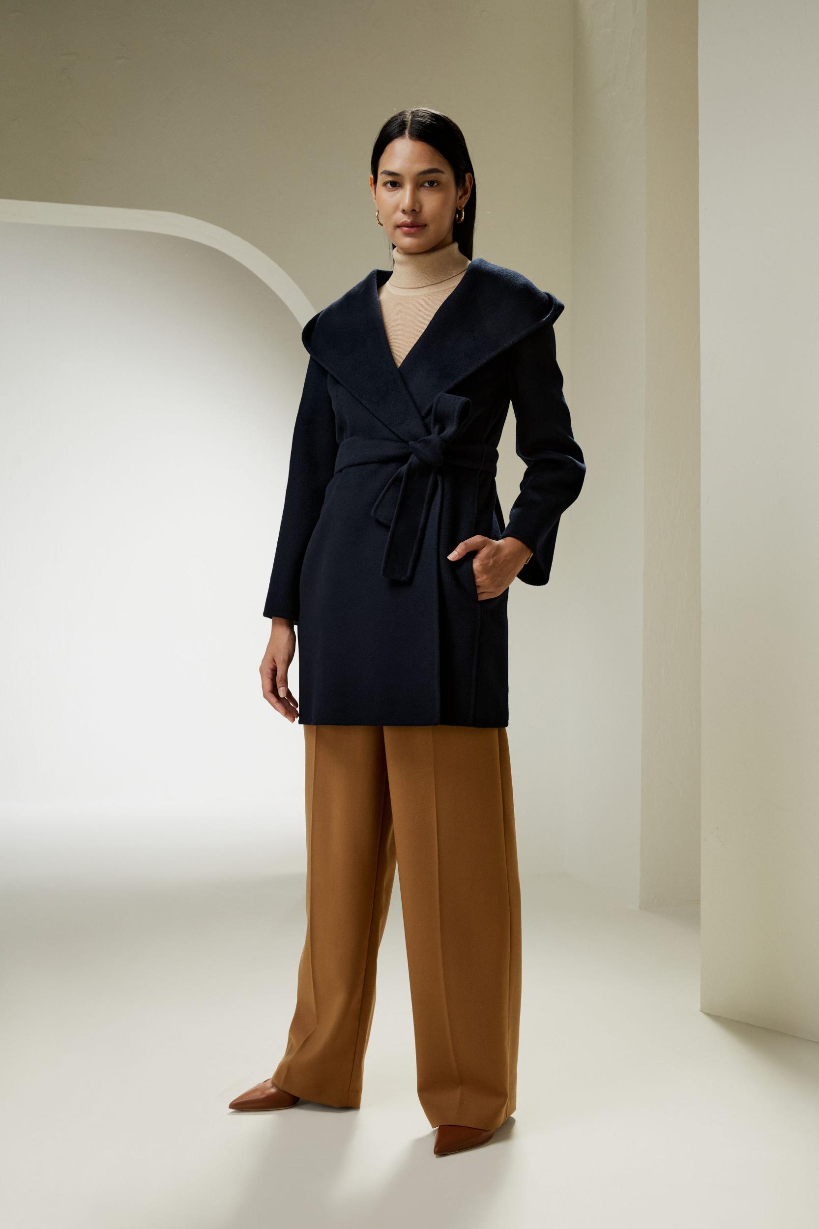 LILYSILK Womens Coats Navy Blue Cashmere Wool Comfortable Hooded Coat M Product Image