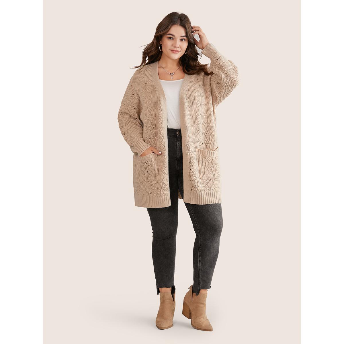 Plus Size Solid Textured Cable Knit Hollow Out Cardigan Champagne Women Casual Loose Long Sleeve Everyday Cardigans BloomChic 30/6X Product Image