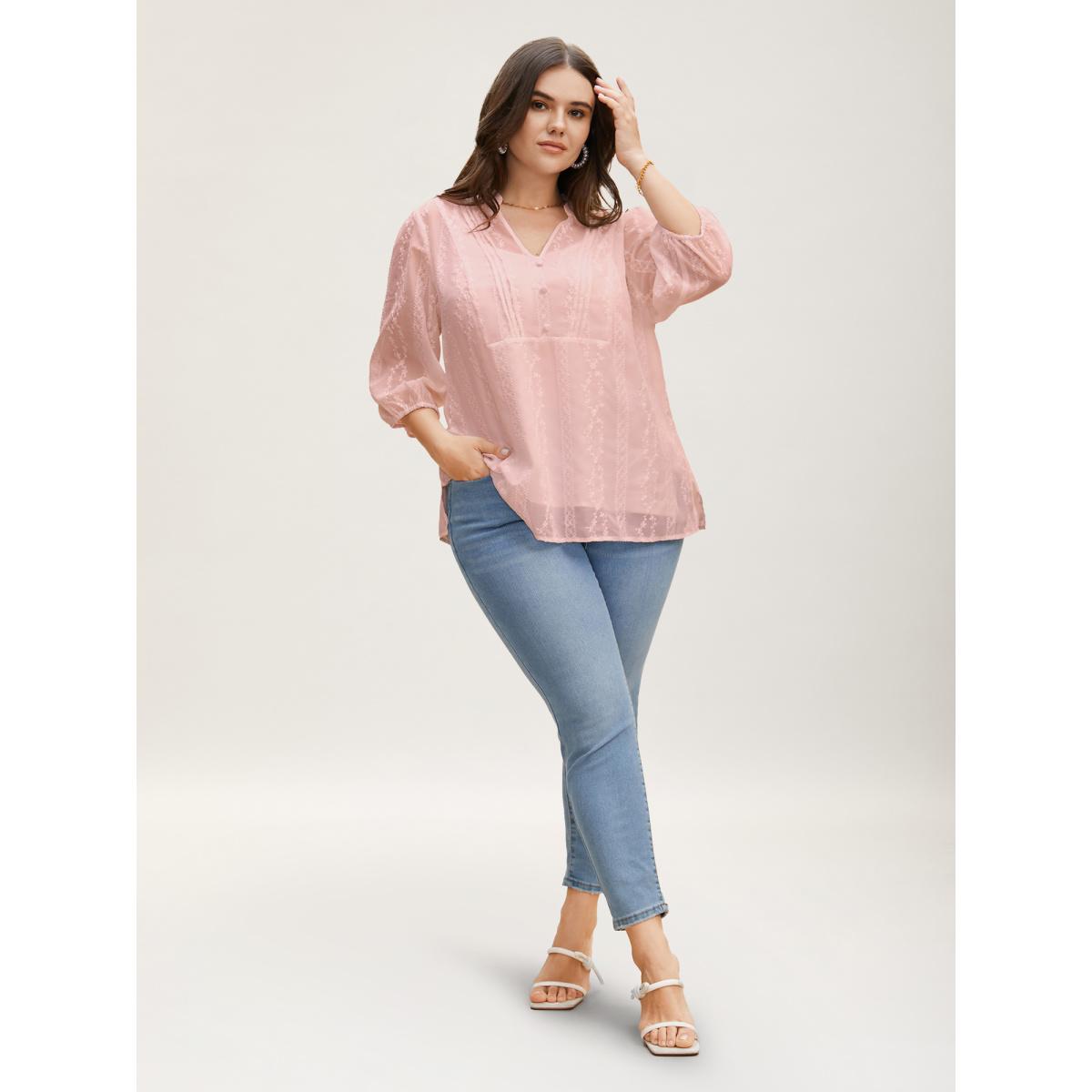 Plus Size Lightpink Texture Mesh Button Detail Tucked Seam Blouse Women Timeless Elbow-length sleeve V-neck Elegant Blouses BloomChic 30/6X Product Image