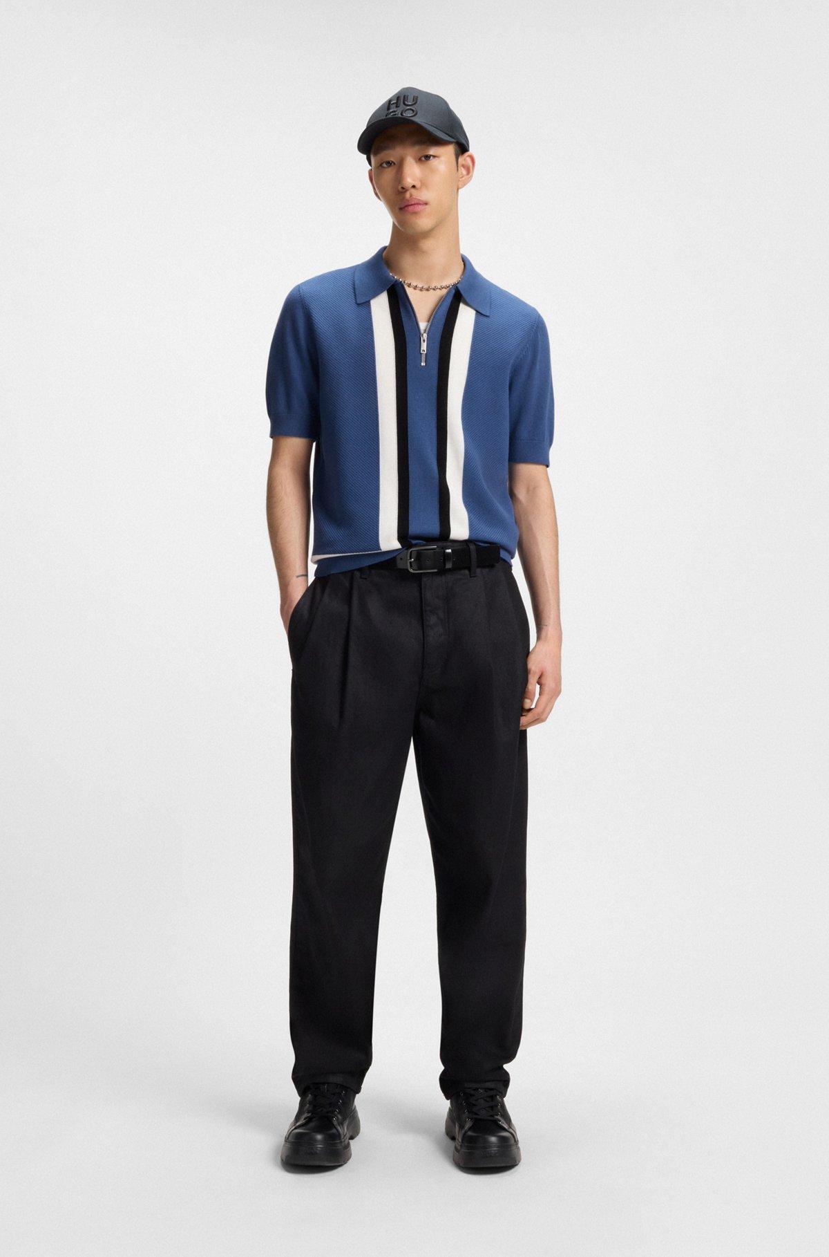 HUGO - Zip-neck knit sweater with stripe details - Blue Product Image