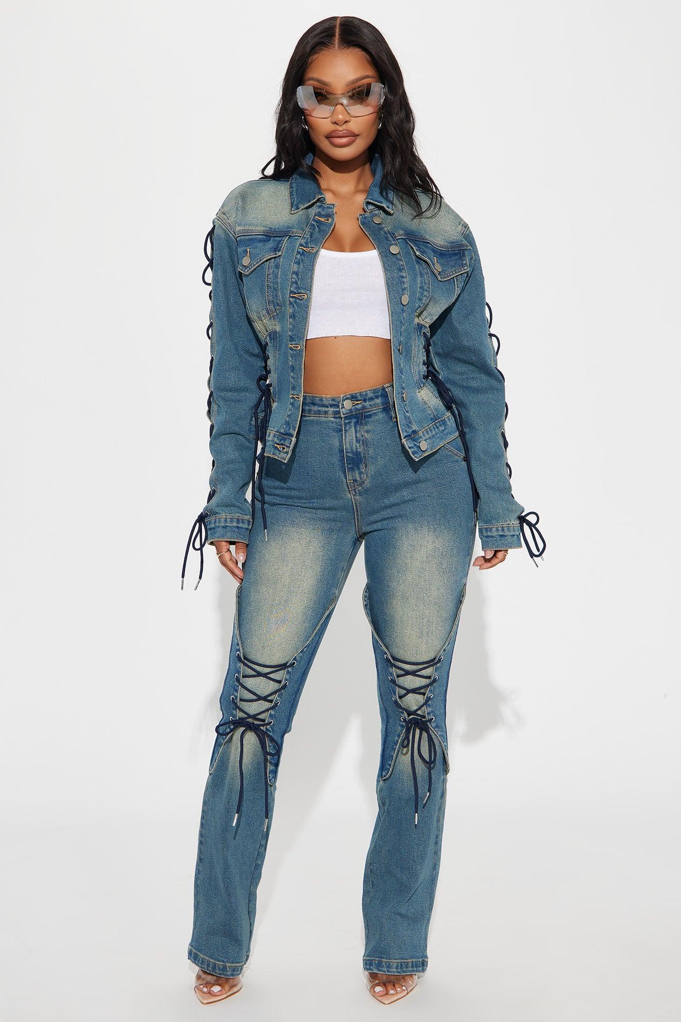 Make It Complicated Lace Up Straight Leg Jeans - Vintage Wash Product Image