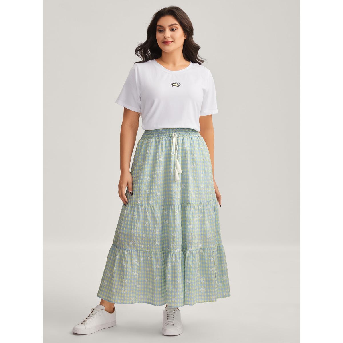 Plus Size Plaid Floral Shirred Waist Maxi Skirt Women LightBlue Loose No stretch Side seam pocket Elegant Skirts BloomChic 14-16/1X Product Image