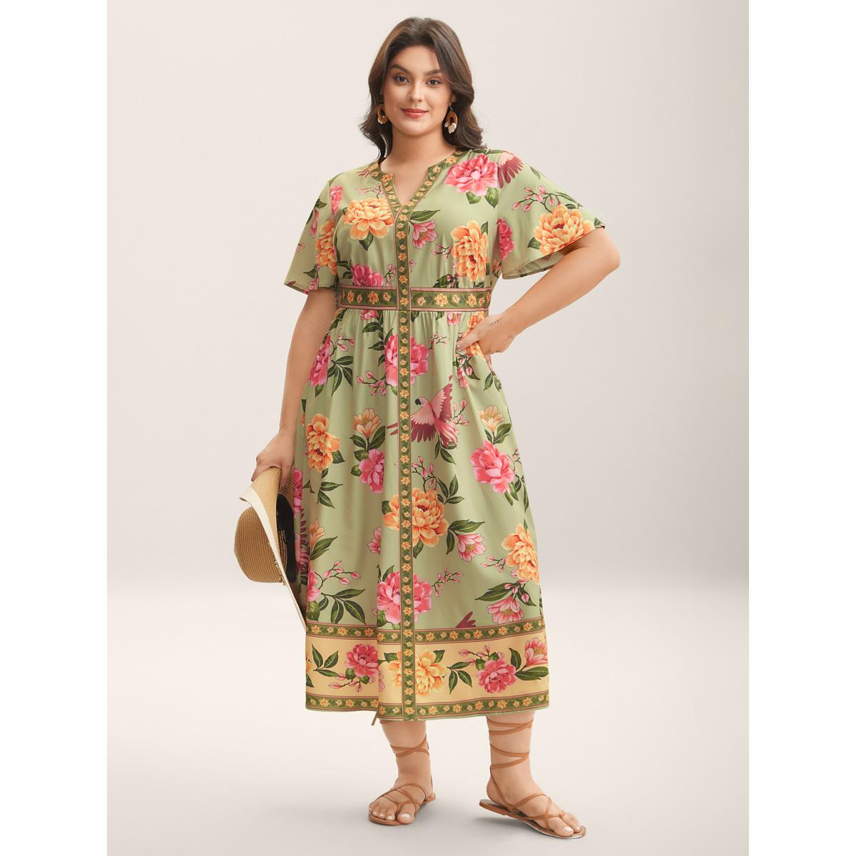 Plus Size Floral Contrast Hem Split Neck Midi Dress Sage Women Boho Flat collar with V-notch Short sleeve Curvy BloomChic 14-16/1X Product Image