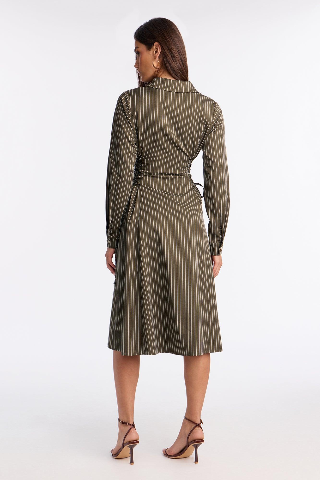 Veda Lace Up Pinstripe Midi Dress - Olive/combo Female Product Image